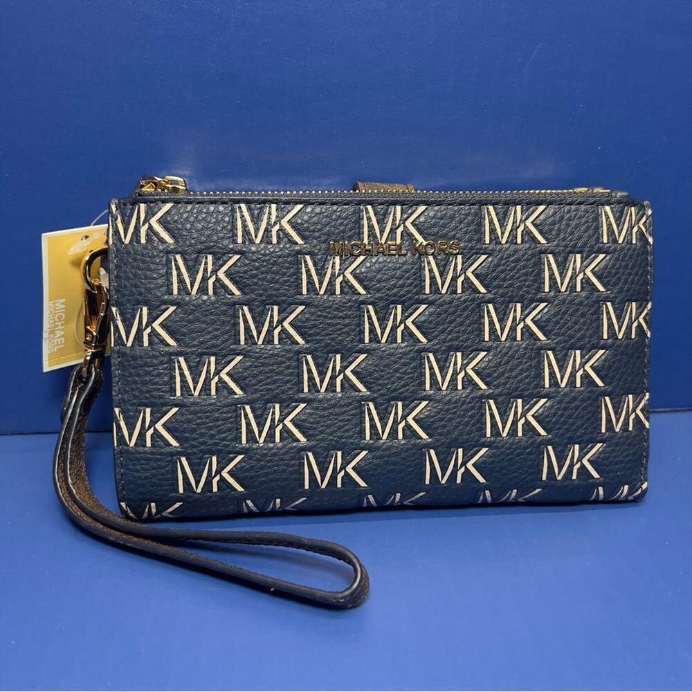 Michael‎ Kors Jet Set Logo Double Zip Wristlet Navy Blue Wallet Clutch NWT